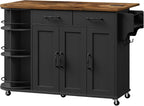 RALGEND Kitchen Island with Power Outlet & Drop Leaf, Kitchen Rolling Island with Rotating Organizer, Kitchen Island Cart with Storage Cabinet, Mobile Island Table for Kitchen, Black and Rustic Brown