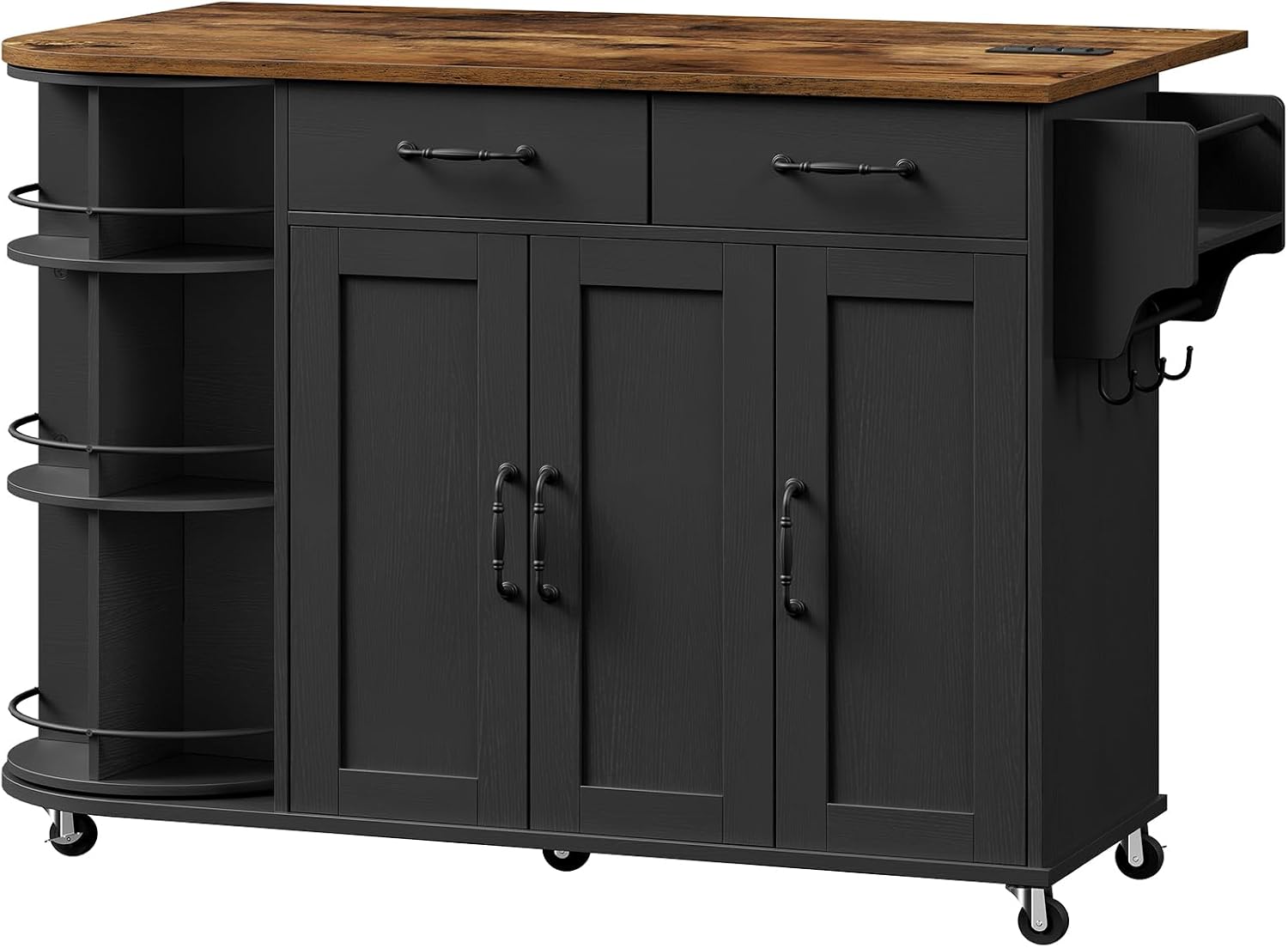 RALGEND Kitchen Island with Power Outlet & Drop Leaf, Kitchen Rolling Island with Rotating Organizer, Kitchen Island Cart with Storage Cabinet, Mobile Island Table for Kitchen, Black and Rustic Brown