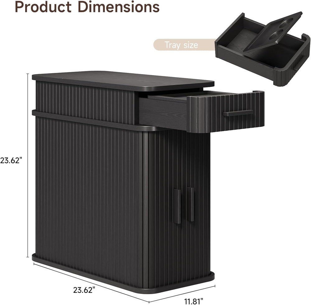 Side End Table with Charging Station, Slim Nightstand with Drawer, Mid-Centur...
