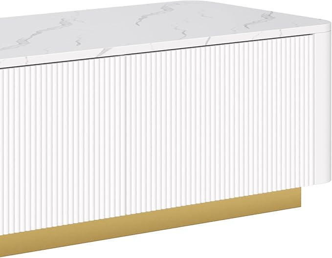 Ball & Cast Luxury Fluted TV Stand with 4 Drawers for TVs up to 85", Modern Media Console w/Faux Marble Tabletop and Gold Base, Curved Profile Design,Entertainment Center for Living Room,White