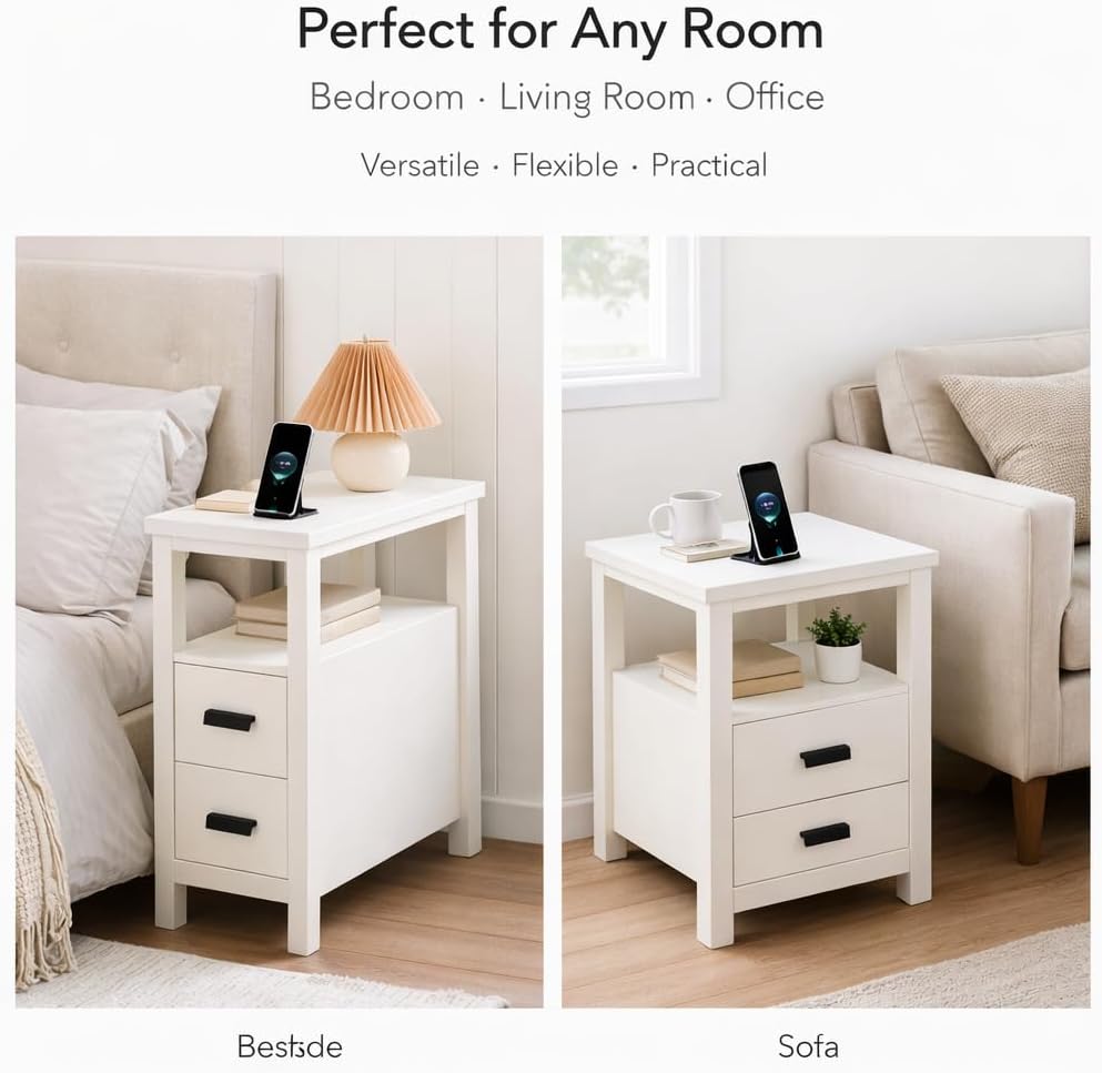 End Table with Charging Station, Nightstand with USB Ports & Outlets, Woo...