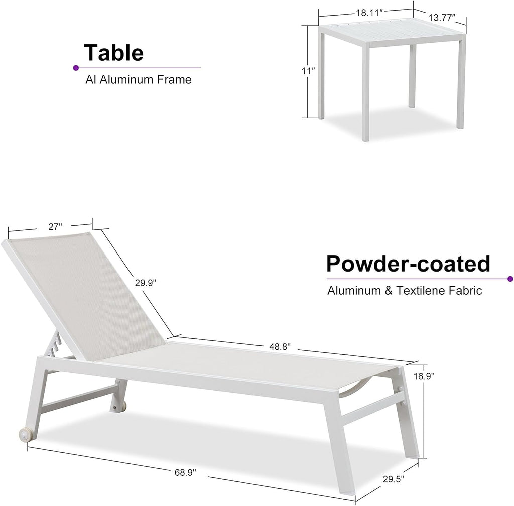PURPLE LEAF Oversized Chaise Lounge Chair Set of 2 with Wheels, Linen | White finish reflects sun heat, Light & tough aluminum frame, Fast-dry fabric less moisture buildup, 5-height adjust, Tight