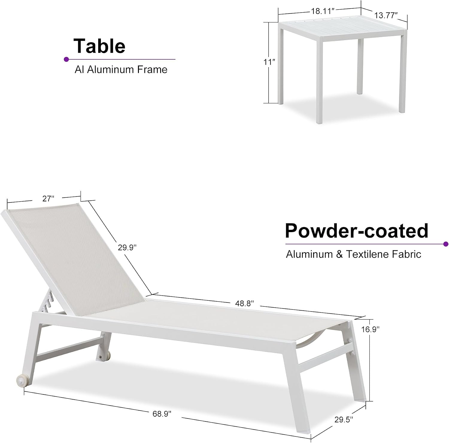 PURPLE LEAF Oversized Chaise Lounge Chair Set of 2 with Wheels, Linen | White finish reflects sun heat, Light & tough aluminum frame, Fast-dry fabric less moisture buildup, 5-height adjust, Tight