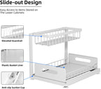 2-Tier Under Sink Slide Out Organizer, 2 Pack Pull Out Cabinet Storage Shelf with Sliding Wire Basket Drawer for Bathroom Kitchen, Countertop or Pantry Shelf, White