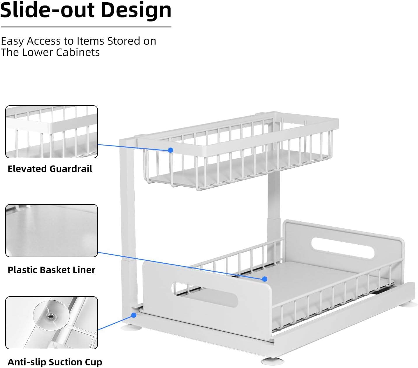2-Tier Under Sink Slide Out Organizer, 2 Pack Pull Out Cabinet Storage Shelf with Sliding Wire Basket Drawer for Bathroom Kitchen, Countertop or Pantry Shelf, White