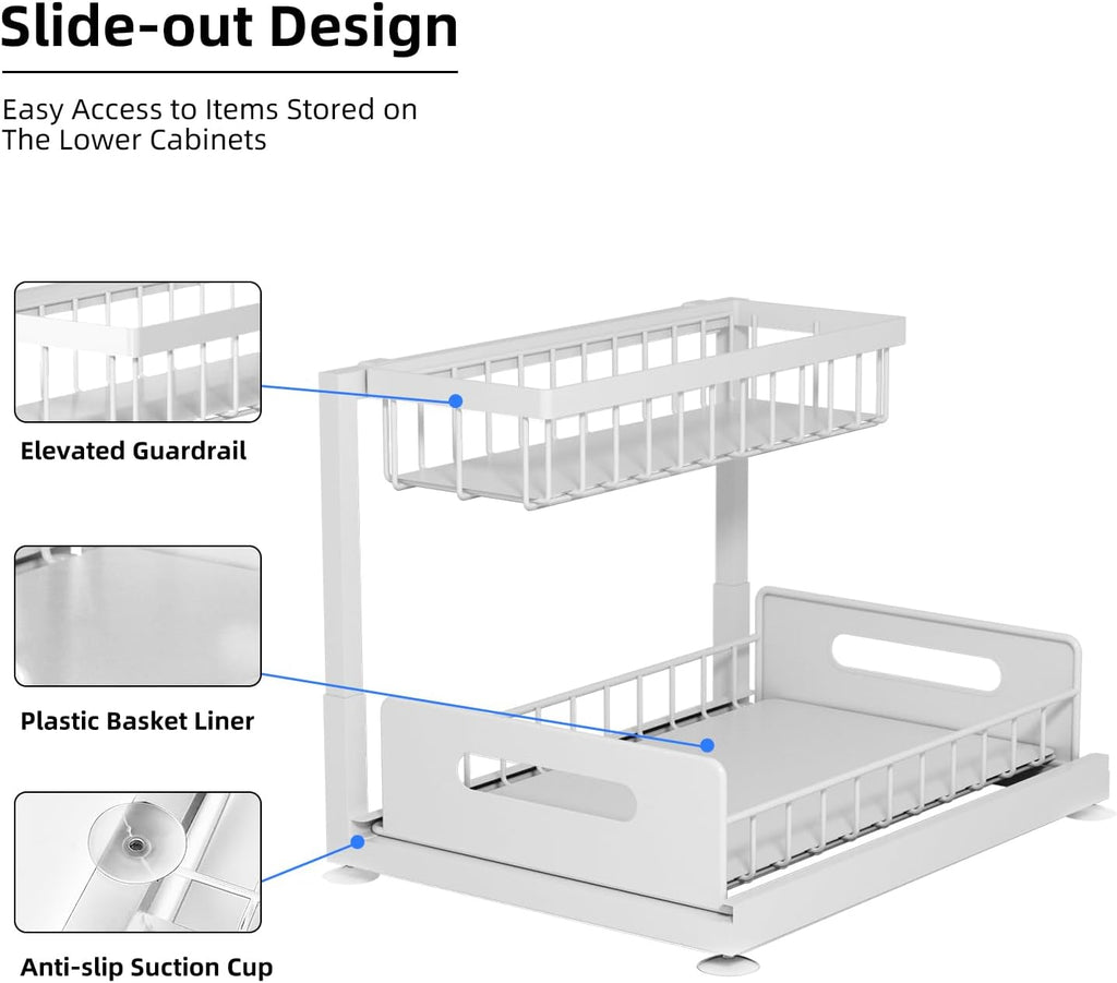 2-Tier Under Sink Slide Out Organizer, Pull Out Cabinet Storage Shelf with Sliding Wire Basket Drawer for Bathroom Kitchen, Countertop or Pantry Shelf, White