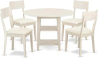 East West Furniture SUAD5-LWH-LC 5 Piece Dining Room Furniture Set Includes a Round Kitchen Table with Dropleaf & Shelves and 4 Faux Leather Upholstered Chairs, 42x42 Inch, Linen White