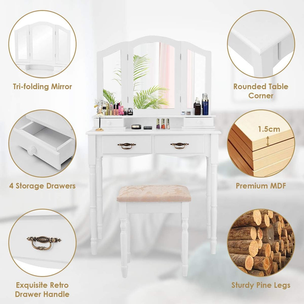 GIANTEX Vanity Set with Tri-Folding Mirror, Makeup Dressing Table with 4 Draw...