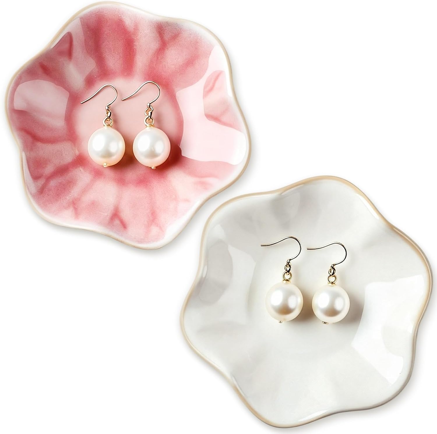 meekoo 2 Pcs Trinket Dishes for Jewelry Lotus Leaf Shape Ceramic Ring Holder Jewelry Tray Bowl Woman Gift for Mom Sister(Pink and White)