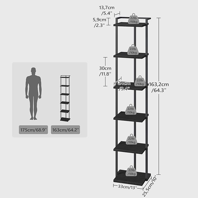 Bookshelf, 6-Tier Bookcase, Vertical Tall Narrow Book Shelf for Small Space, Open Storage Display Shelf with Stable Base & Anti-Tip Kits, for Living Room, Office, Study, Black BKBK11601