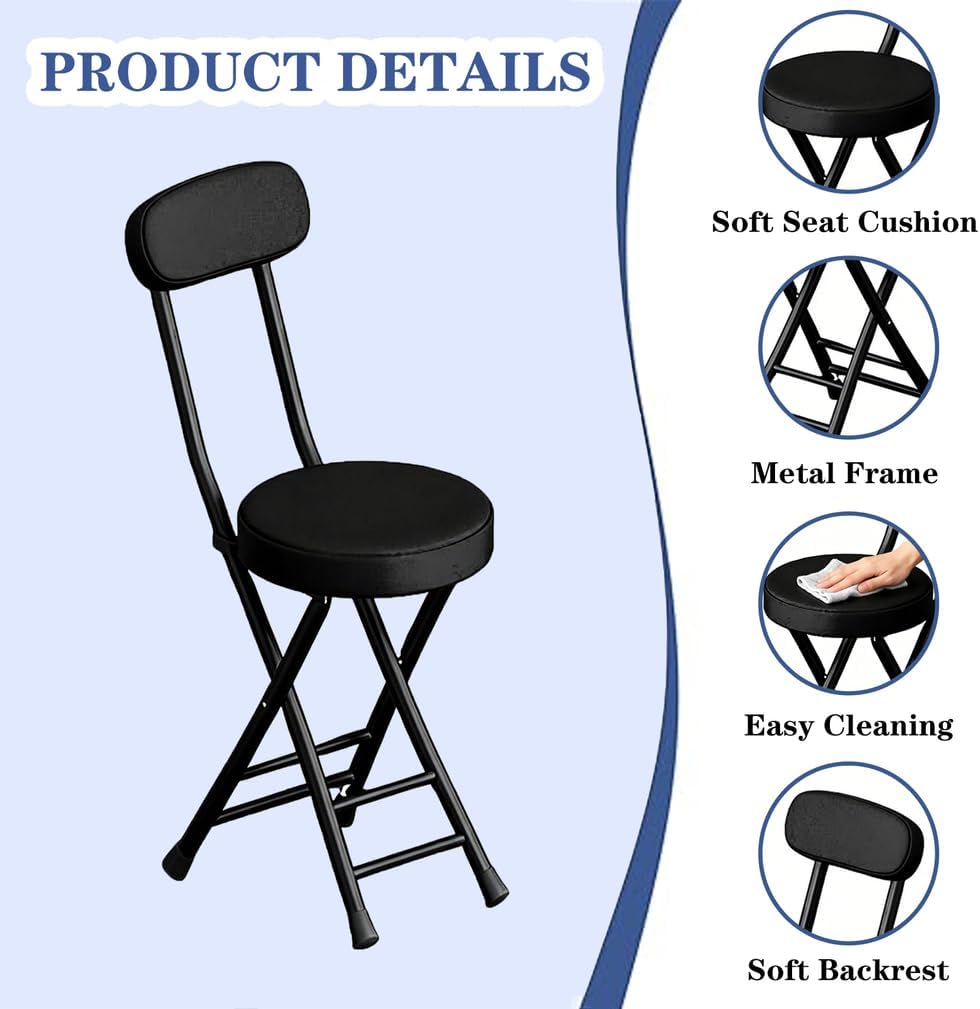 Folding Stool with Back, Padded Leather Round Foldable Stool, Foldable Bar Ch...