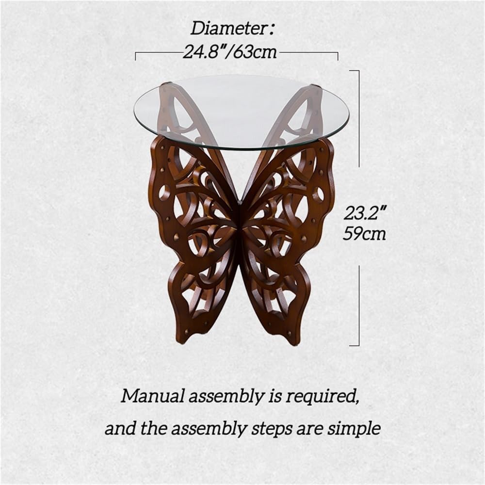 Butterfly Side Table, Tempered Glass Coffee Table with Solid Wood Base, Small...