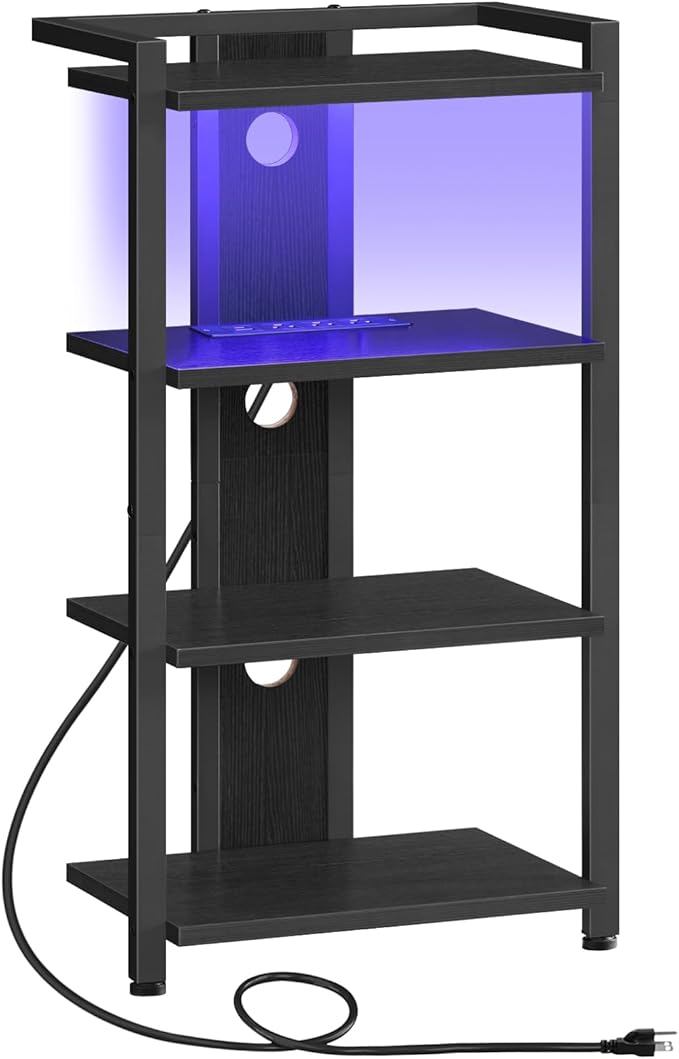 HOOBRO 4-Tier AV Media Stand with Charging Station and LED Light, Wooden Ster...
