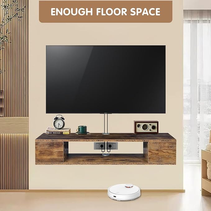GHC Floating TV Stand, Wall Mounted Entertainment Center and Cabinet Shelf, TV Console with Storage, Media Console for DVD Player, Space-Saving Under TV Shelf for Bedroom (Rustic Brown)