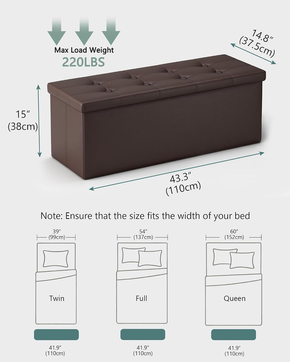 LITZFUR 43" Storage Ottoman Bench, Folding Faux Leather Chest, Brown | S...