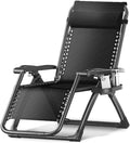 Gravity Lounge Chair Patio Adjustable Sun Lounger Garden Chairs Reclining Folding with Cup Holder and Pillow(Black+Cushion C)