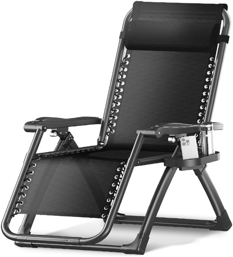 Gravity Lounge Chair Patio Adjustable Sun Lounger Garden Chairs Reclining Folding with Cup Holder and Pillow(Black+Cushion C)