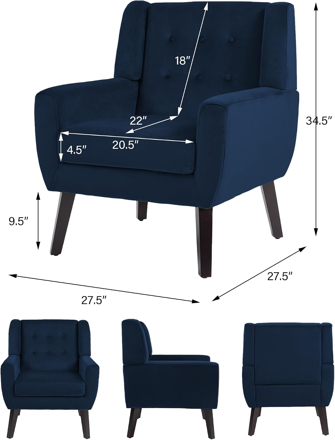 Mid-Century Modern Velvet Accent Chair, Royal Blue, Set of 1 | High Resilience Sponge Cushion | Soft Velvet Upholstery | Solid Wood Frame | For Living Room Bedroom, & Small Spaces