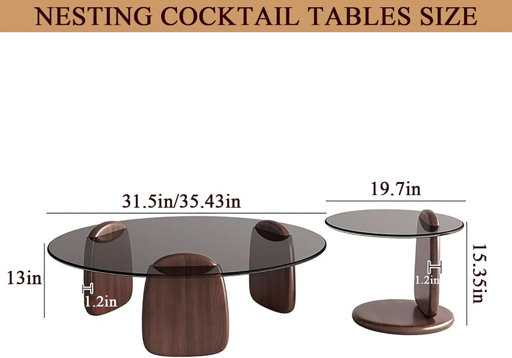 Reinforced 2-Piece Round Glass Coffee Table Set, Premium Nesting Cocktail Tab...