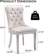 Velvet Upholstered Dining Chairs Set of 4, Modern Style Kitchen Side Chairs with Nailhead Trim and Silver Plated Leg, Metal Pulling Ring for Dining Room Living Room((Creamy White,Set of 4)