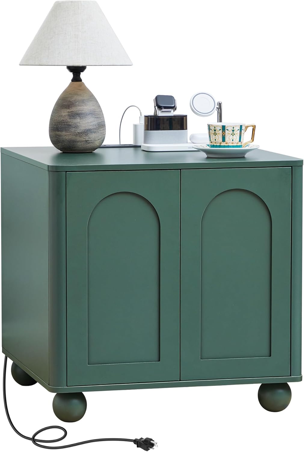 Bed Side Table with Charging Station, Mid Century Modern Nightstand with 2 Doors, Square End Table with Storage for Couch,Living Room,Small Spaces, Sofa Side Table for Office,Dorm - Green