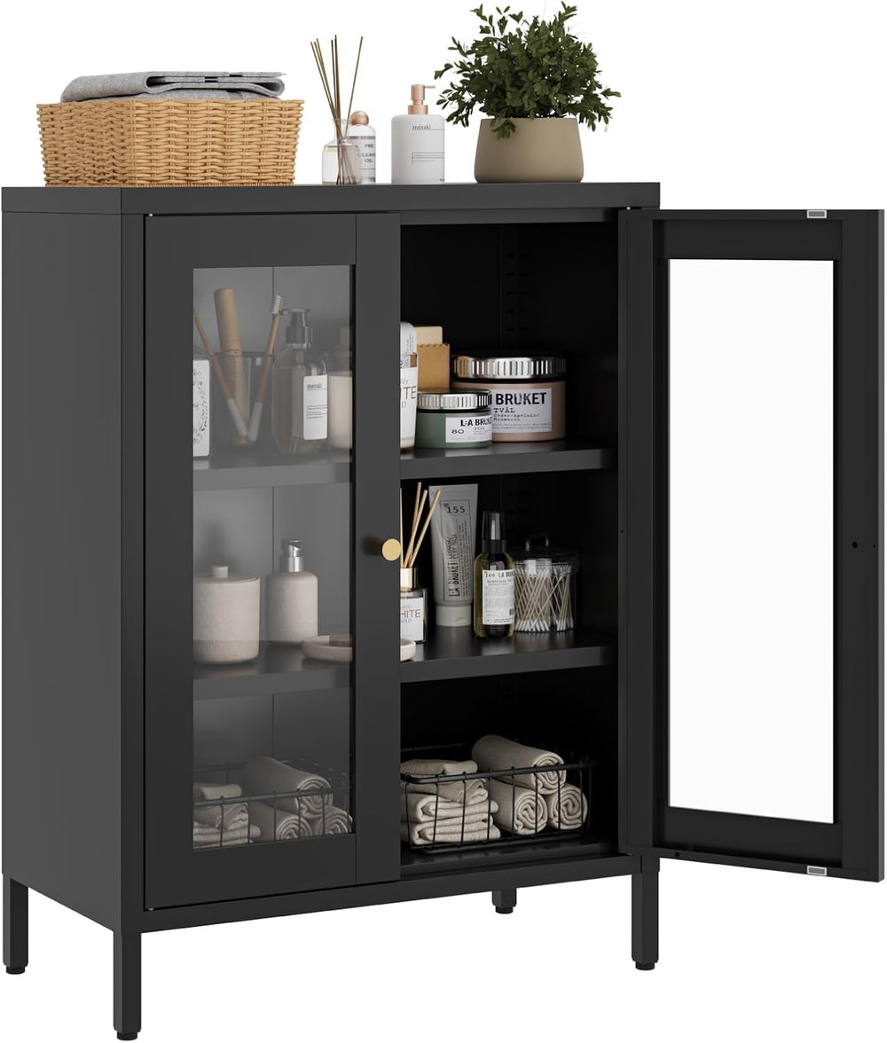 Small Metal Cabinet with Glass Doors,Display Storage Cabinet with 2 Adjustabl...
