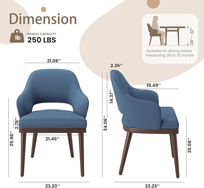 Wooden Dining Chairs Set of 2, Modern Fabric Upholstered Dining Room Chair, Kitchen Side Chairs, Farmhouse Dinner Chair with Open Back for Kitchen, Blue