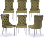 Velvet Upholstered Dining Chairs Set of 6, Modern Kitchen Side Chairs with Nailhead Trim and Silver Plated Leg, Metal Pulling Ring for Dining Room Living Room(Olive Green-Silver Plated Leg)