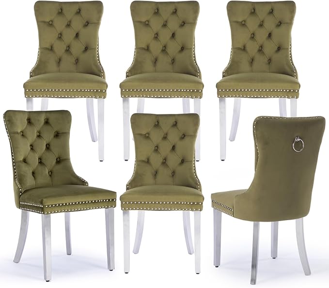 Velvet Upholstered Dining Chairs Set of 6, Modern Kitchen Side Chairs with Nailhead Trim and Silver Plated Leg, Metal Pulling Ring for Dining Room Living Room(Olive Green-Silver Plated Leg)