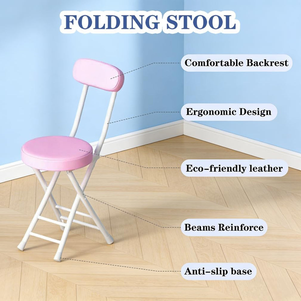 Folding Stool with Back, Padded Leather Round Foldable Stool, Foldable Bar Ch...