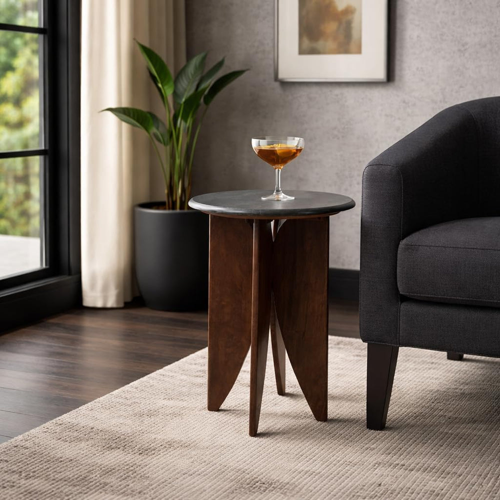 Mango Wood Base and Stone Top for Small Spaces - Round End and Side Table for...