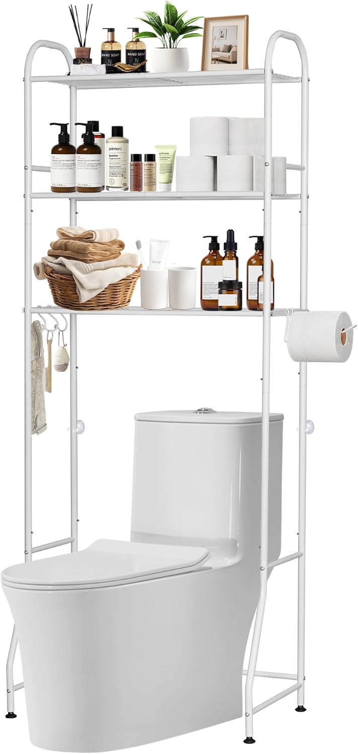 3-Tier Over The Toilet Storage, Metal Over Toilet Bathroom Organizer and Storage for Small Space, Bathroom Shelves Rack with 3 Hooks and Paper Holder, White