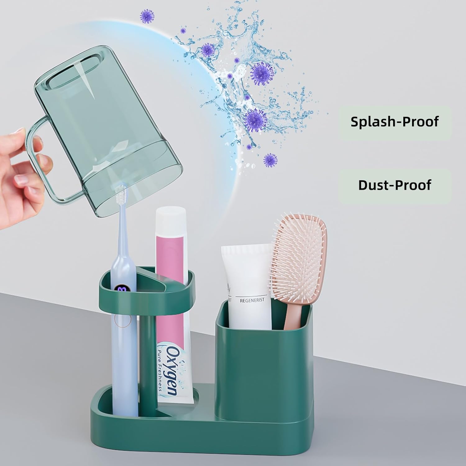 Toothbrush Holder with Cup/Cover Contains 2 Slots, Bathroom Counter Organizer for Electric Toothbrush, Toothpaste, Razors & Small Comb, Tooth Paste Holder for Home Hotel Countertop, Green