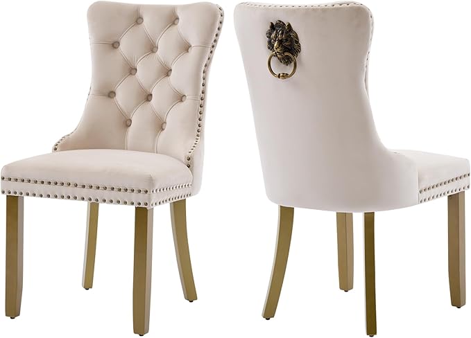 Beige Velvet Dining Chairs Set of 2, Upholstered Dining Room Chairs with Lion Head Pulls Ring and Golden Solid Wood Legs, Modern Button Tufted Kitchen Chairs for Dining Room, Kitchen(Beige)