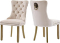 Beige Velvet Dining Chairs Set of 2, Upholstered Dining Room Chairs with Lion Head Pulls Ring and Golden Solid Wood Legs, Modern Button Tufted Kitchen Chairs for Dining Room, Kitchen(Beige)