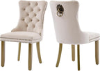 Beige Velvet Dining Chairs Set of 2, Upholstered Dining Room Chairs with Lion Head Pulls Ring and Golden Solid Wood Legs, Modern Button Tufted Kitchen Chairs for Dining Room, Kitchen(Beige)