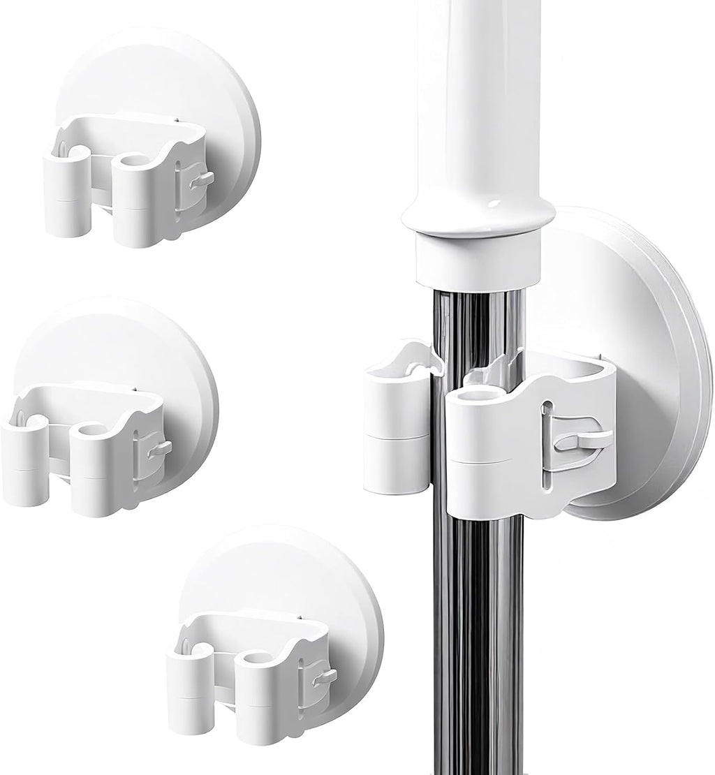 Broom and Mop Holder Wall Mount - 3 Pack Self Adhesive Mop and Broom Organizer - No Drill Heavy Duty Gripper Hooks for Kitchen Bathroom Garage Storage - Space Saving, Waterproof, White