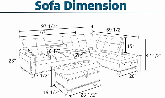 Sectional Couches for Living Room with Movable Chaise & Storage Ottoman -...