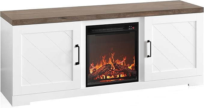 BELLEZE Modern 58" Farmhouse TV Stand with 18" Electric Fireplace Heater & Media Entertainment Center for TV up to 65", Console Table with Storage Cabinets - Hilo (White)