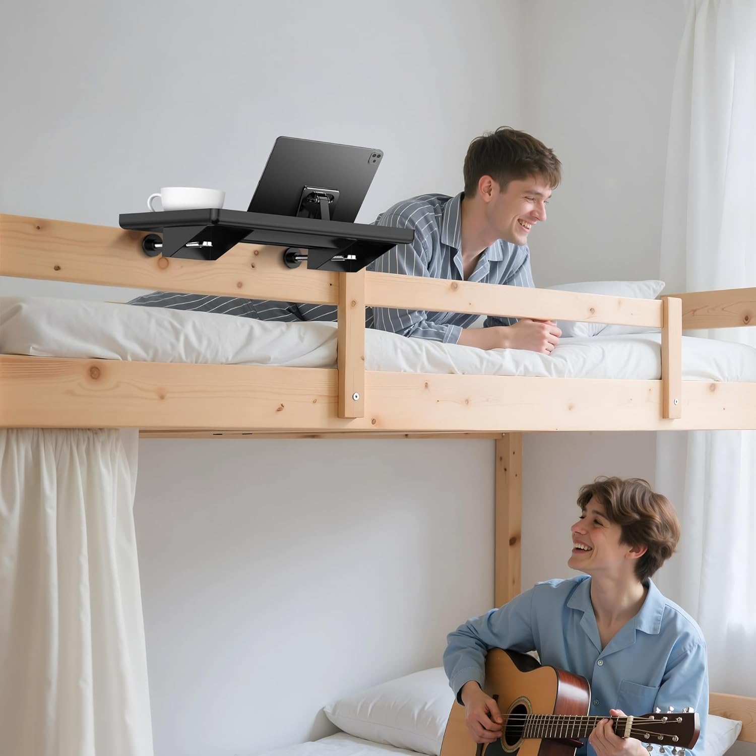 Bedside Shelf for Bunk & Loft Beds – Clip-On Nightstand Tray Organizer, Phone/Tablet Slot & Cable Management – College Dorm Room Essentials for Girls/Guys, Kids & Teens, Top Bunk (Black)