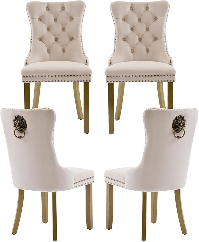 Beige Velvet Dining Chairs Set of 4, Upholstered with Lion Head Pulls and Golden Solid Wood Legs, Modern Button Tufted Kitchen Chairs for Dining Room