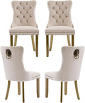 Beige Velvet Dining Chairs Set of 4, Upholstered with Lion Head Pulls and Golden Solid Wood Legs, Modern Button Tufted Kitchen Chairs for Dining Room