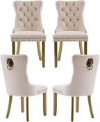 Beige Velvet Dining Chairs Set of 4, Upholstered with Lion Head Pulls and Golden Solid Wood Legs, Modern Button Tufted Kitchen Chairs for Dining Room