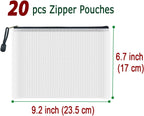 AUSTARK 20 Pcs Zipper File Bags, Plastic Mesh Pouch, Board Game Storage Bag, Waterproof Bags for Office School (A5 Size 9.2''x6.7'', White and Black)