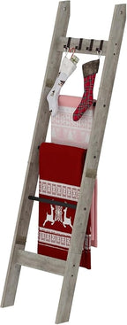 Blanket Ladder for Living Room, Decorative Quilt Rack with 4 Removable Hooks, 5-Tier Farmhouse Ladder Holder Shelf Organizer for Bedroom, Greige and Black BR02105B