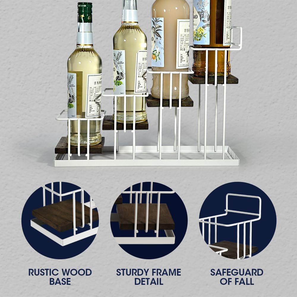 J JACKCUBE DESIGN Syrup Bottle Holder Rack, Rustic Wood and White Metal Wire 4 Tier Syrup, Wine, Dressing Bottle Countertop Display Storage Stand for Kitchen Coffee Bar- MK816B