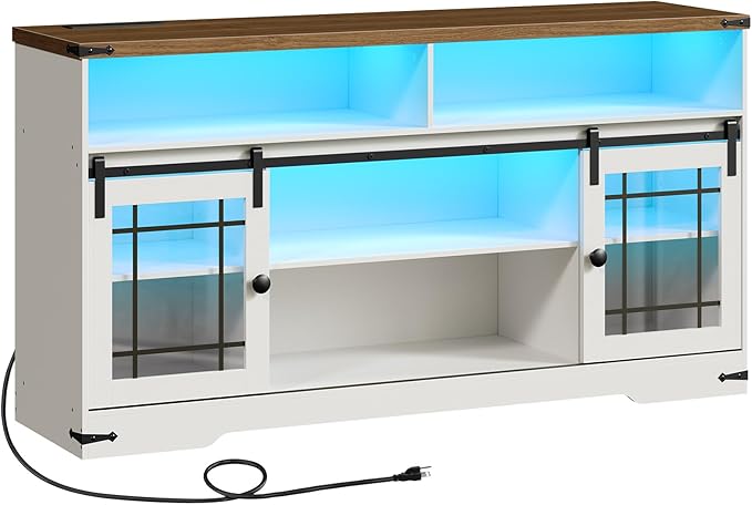 HOOBRO TV Stand for 65 Inch TV, Farmhouse Entertainment Center with LED Lights and Charging Station, Media Console TV Cabinet with Adjustable Shelves and Glass Doors for Living Room, White and Walnut