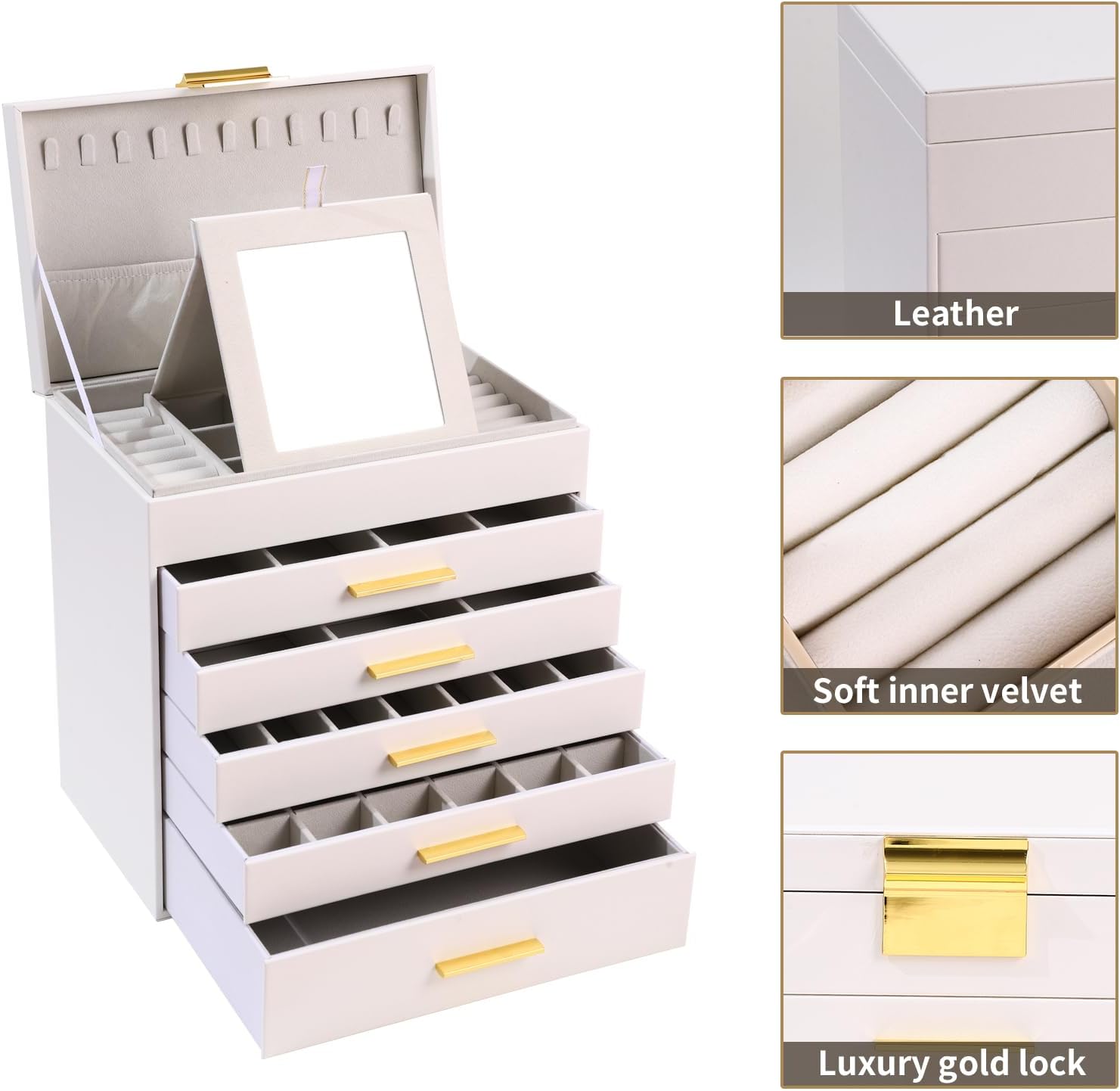 BOOVO Jewelry Box with Necklace Hanger – 6 layer Jewelry Organizer for Women with 5 Drawers, Large Jewelry Storage Boxes –Jewelry Organizers and Storage for Earrings, Necklaces (White, 6 layer)