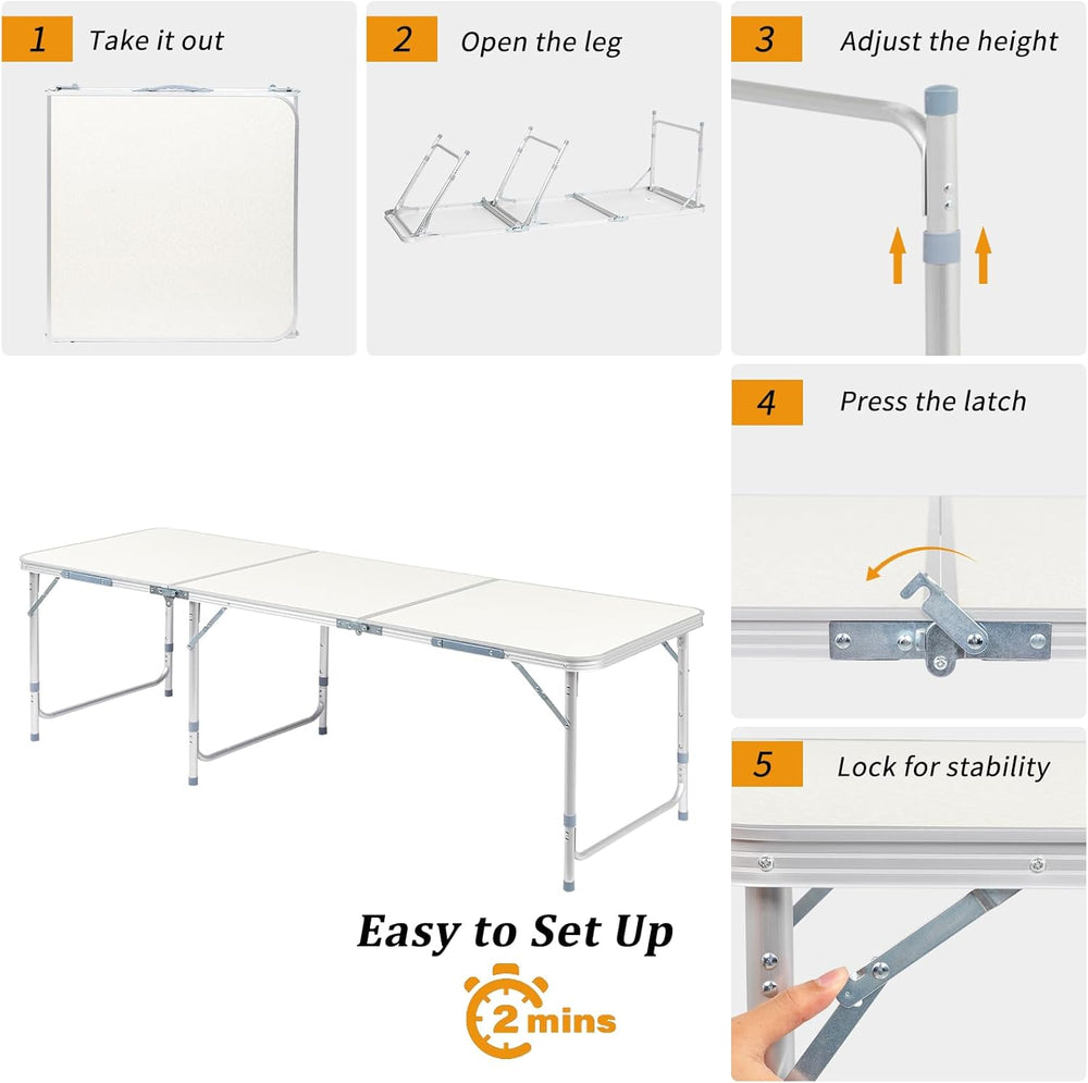 6FT Folding Dining Table, Portable Aluminum Picnic Table with Adjustable Heig...