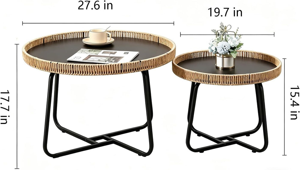 Round Woven Nesting Table, Wicker Coffee Table and Side Table Set of 2 | Meta...